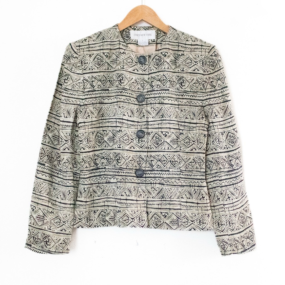 Jones New York | Vintage 80's/90's Beige Geometric Tribal Blazer Blouse | Size 6